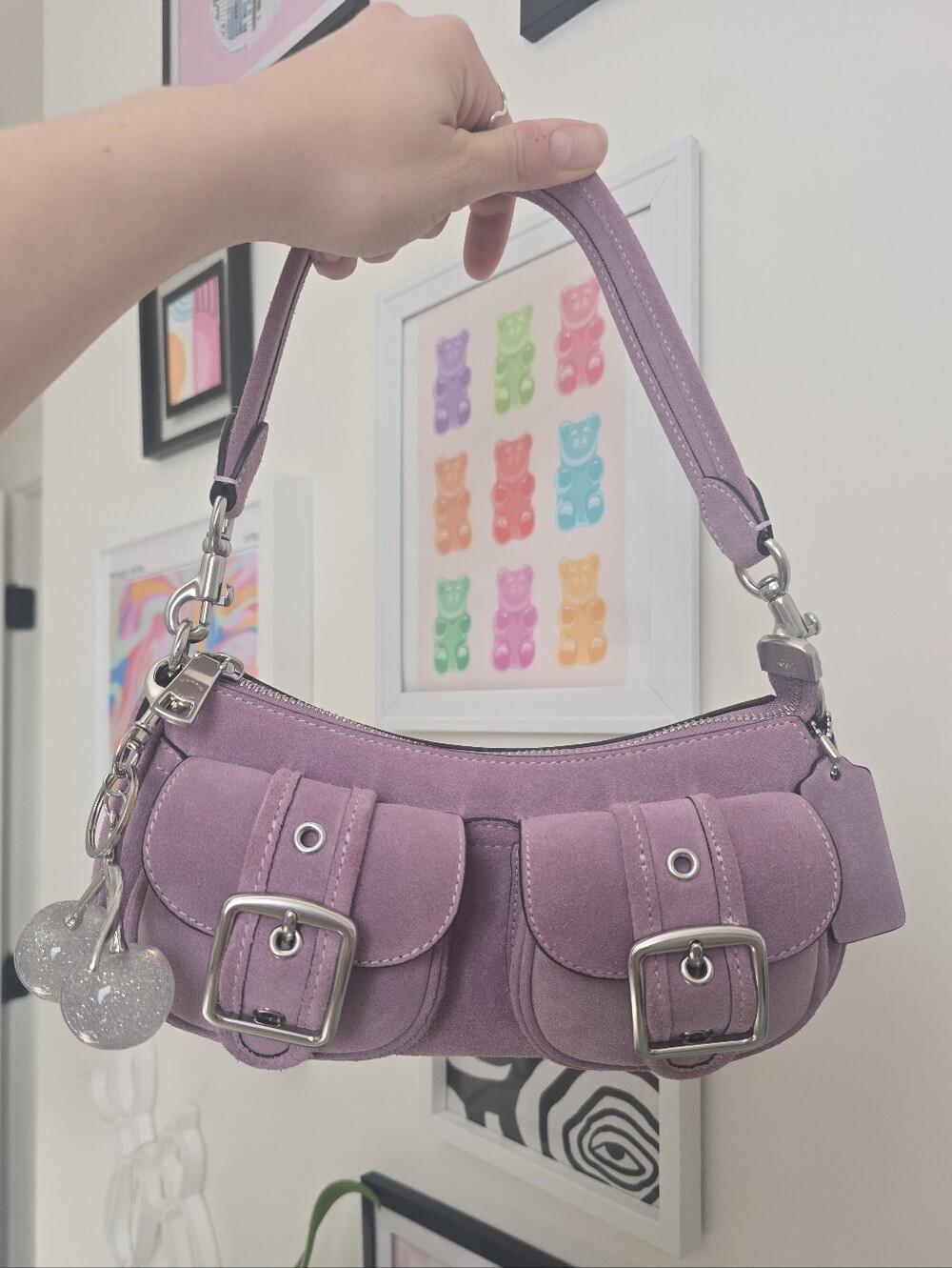 Purple Coach Ashton Suede Shoulder Bag W/Cherry Charm